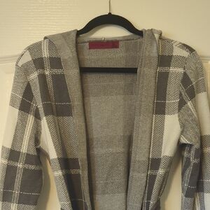 Gray and Cream Plaid Open Cardigan
